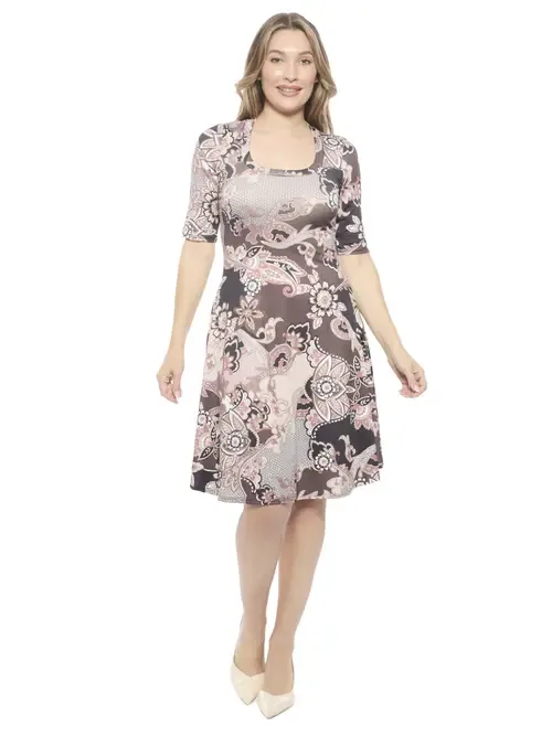 Paisley Scoop Neck Elbow Sleeve Knee Length A-Line Flared Dress by 24seven Comfort Apparel
