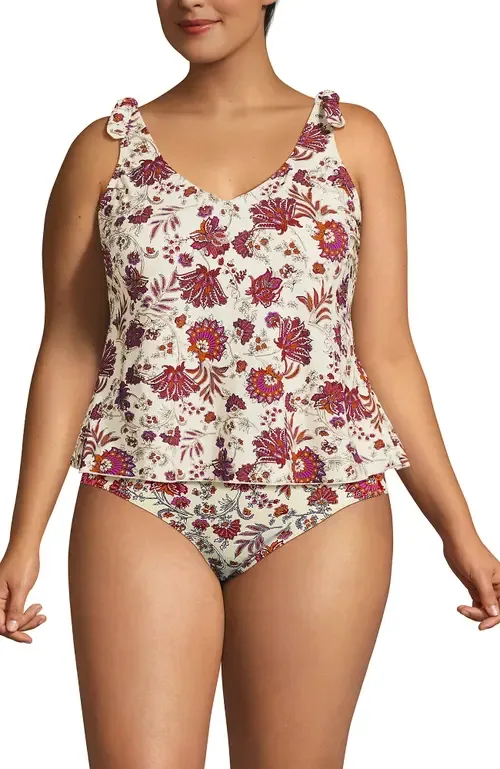 Chlorine Resistant V-Neck Shoulder Tie Flutter Tankini Swimsuit Top by Lands' End