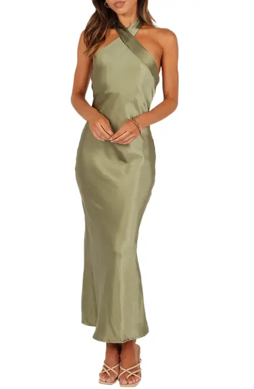 Grasie Stretch Satin Halter Dress by Petal & Pup
