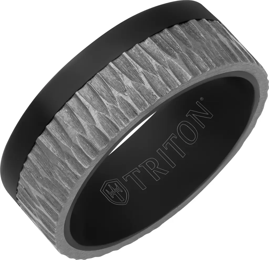 8MM Black Tantalum Ring with Brushed Grey Asymmetrical Inlay and Flat Edge by Triton