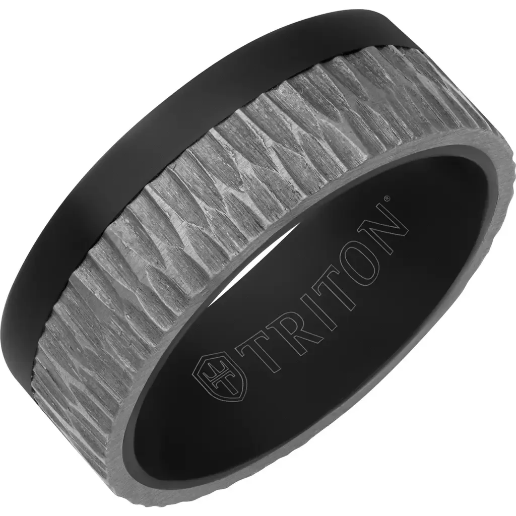 8MM Black Tantalum Ring with Brushed Grey Asymmetrical Inlay and Flat Edge by Triton