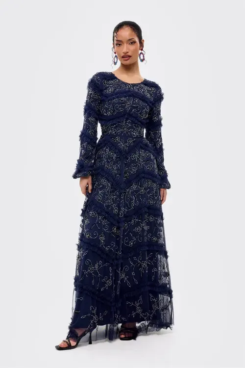 Modest Embellished Sequins Ruffle Maxi Dress by MARYISA