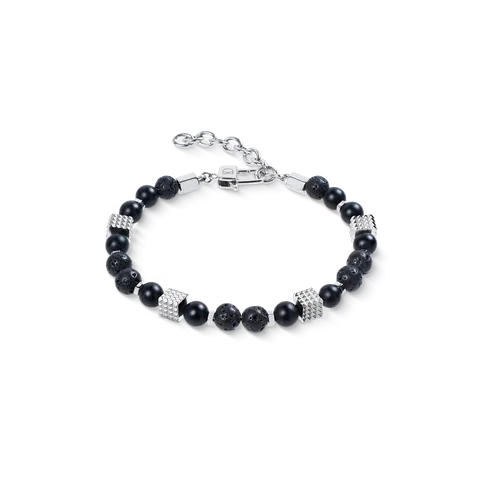 Onyx and Lava Bead Bracelet with Mini Spikes Cubes in Stainless Steel by COEUR DE LION