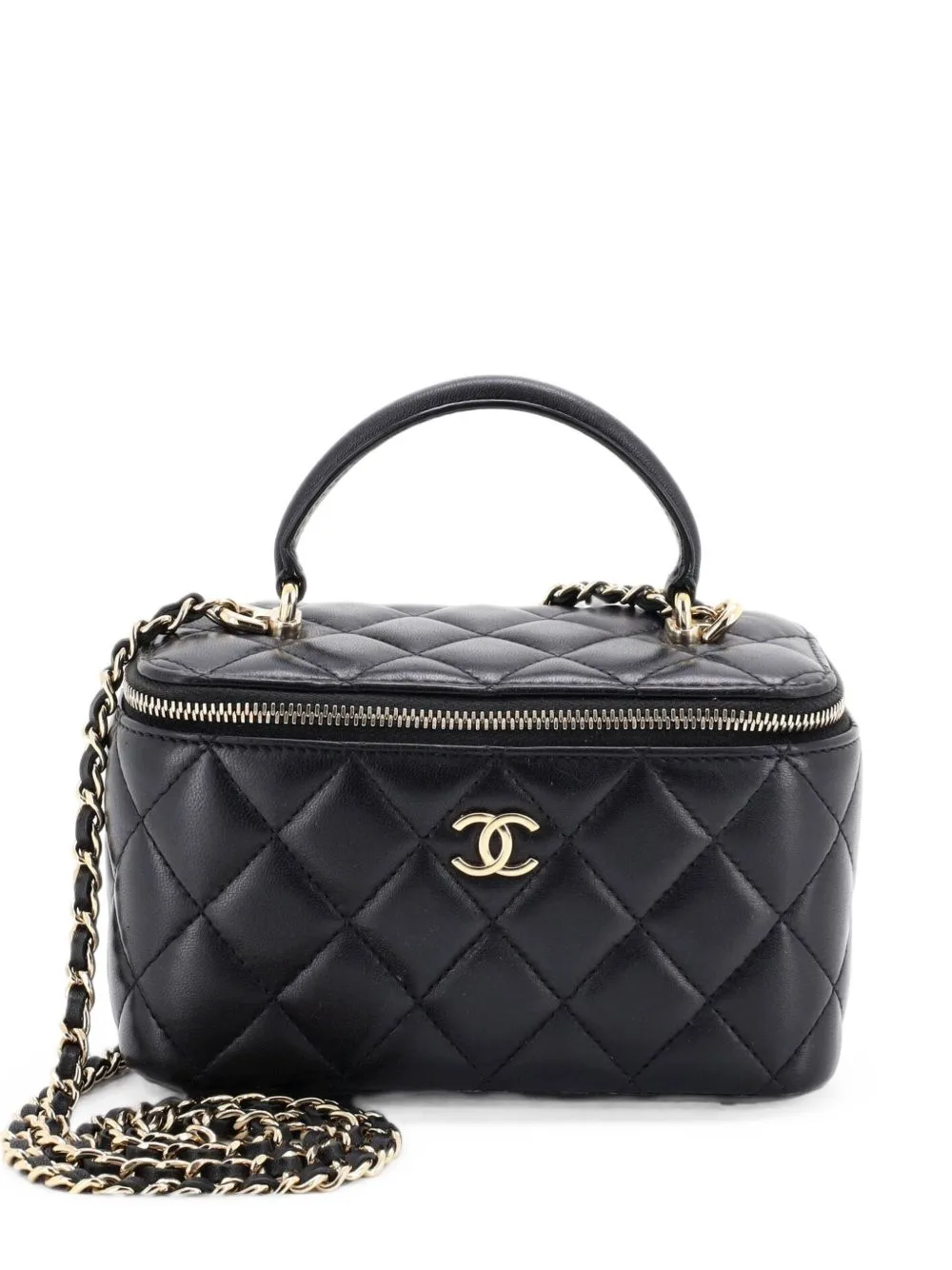 Classic Top Handle Vanity Case with Chain Quilted Lambskin Small Crossbody Bag