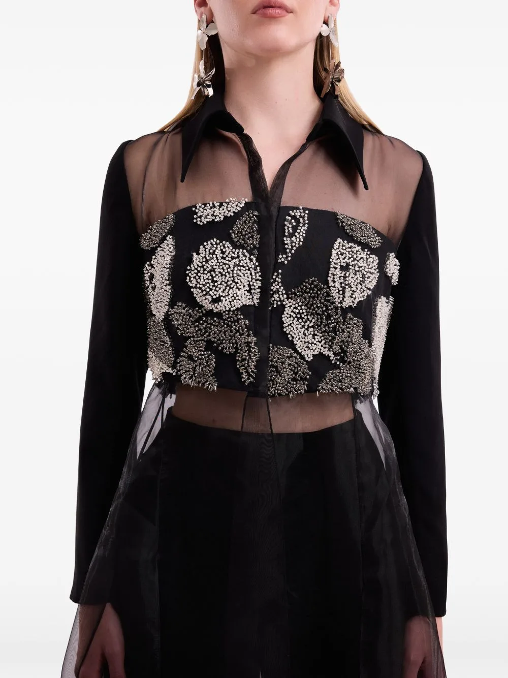 Beaded-Floral Sheer-Panel Shirt by Gemy Maalouf