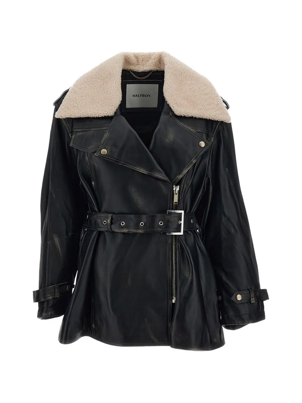Belted Shearling-Collar Biker Jacket by Halfboy