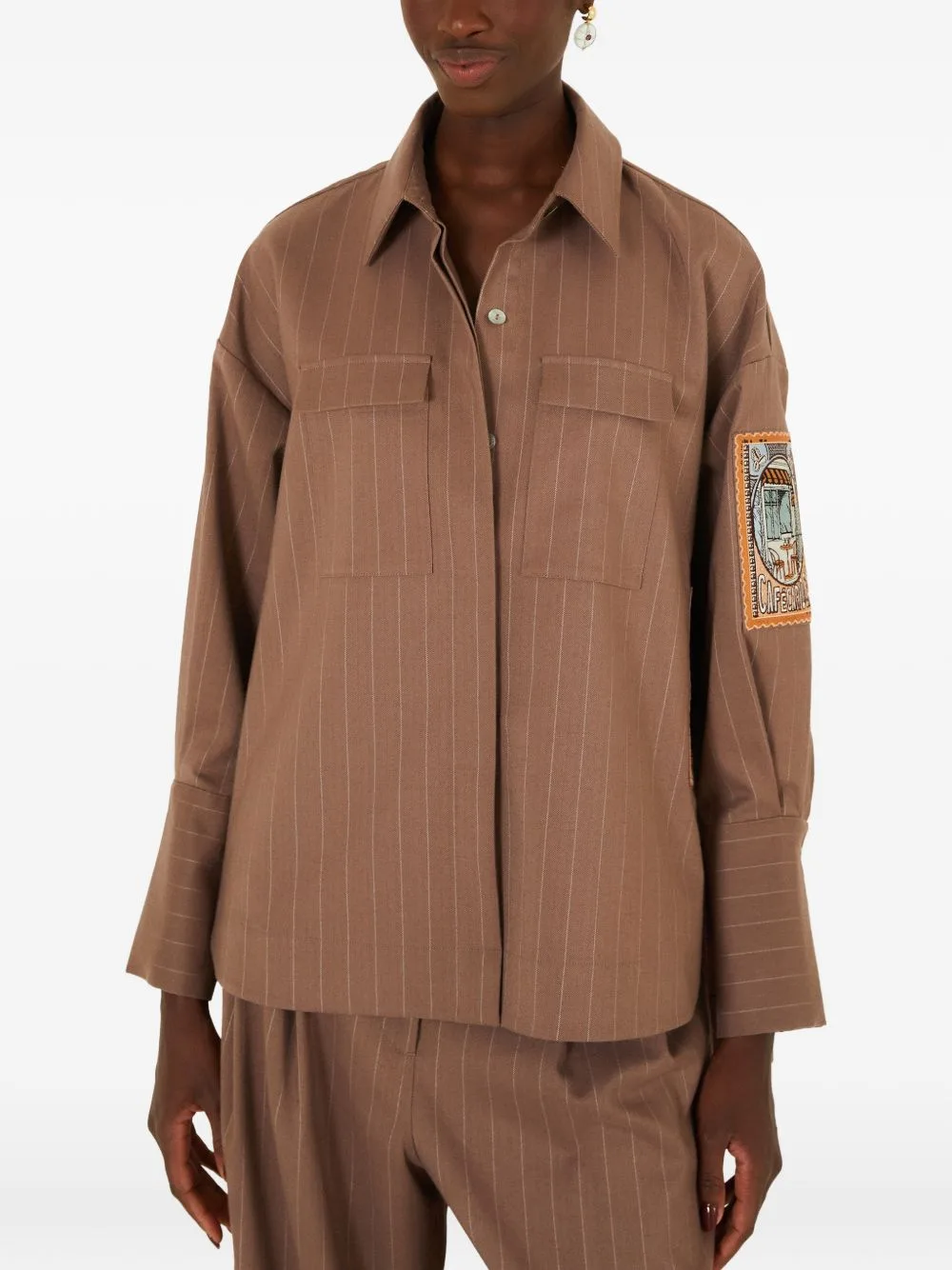 Pinstripe-Pattern Patch-Detail Shirt by FARM Rio