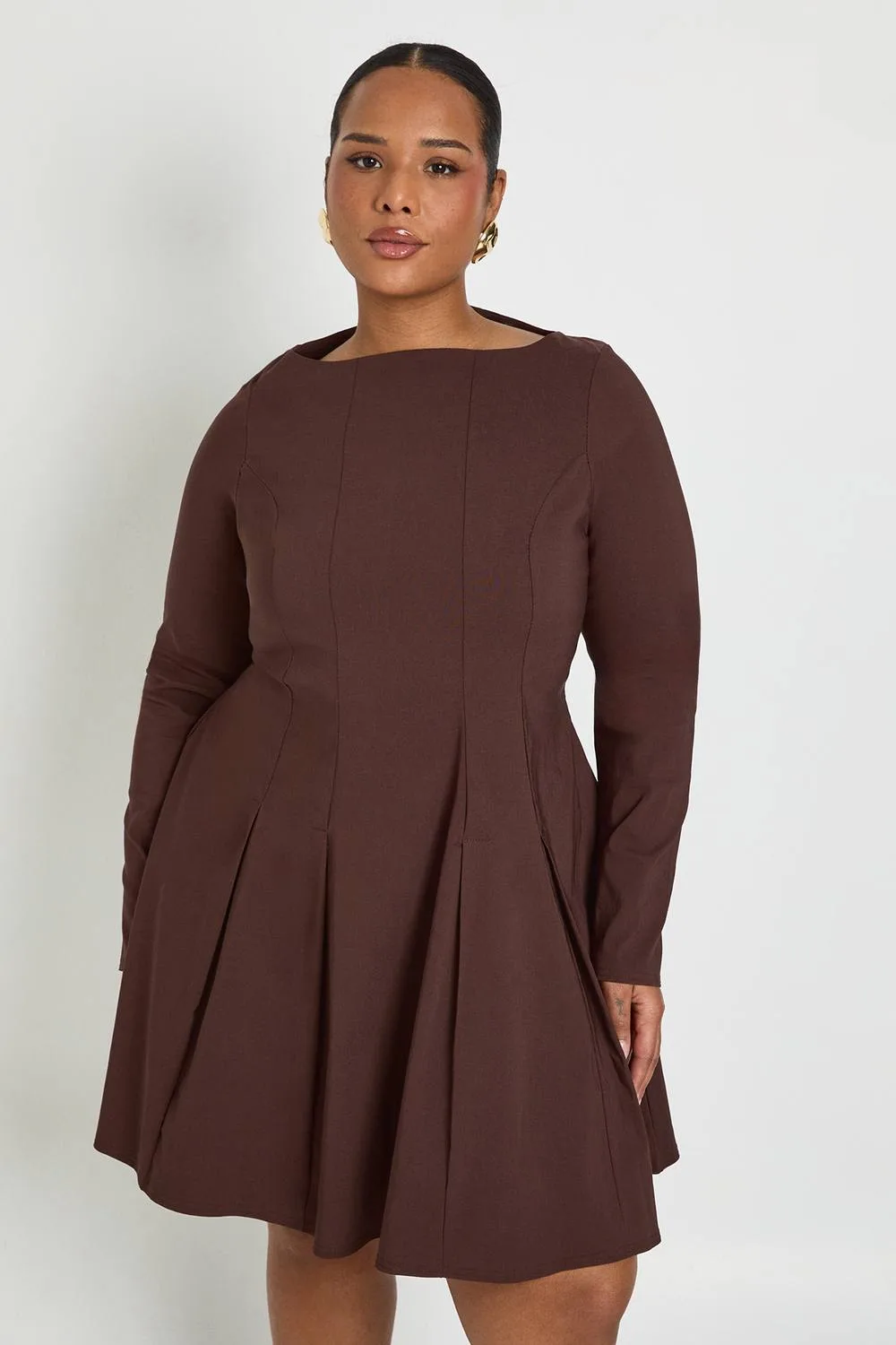 Bengaline Pleated Long Sleeve Skater Dress