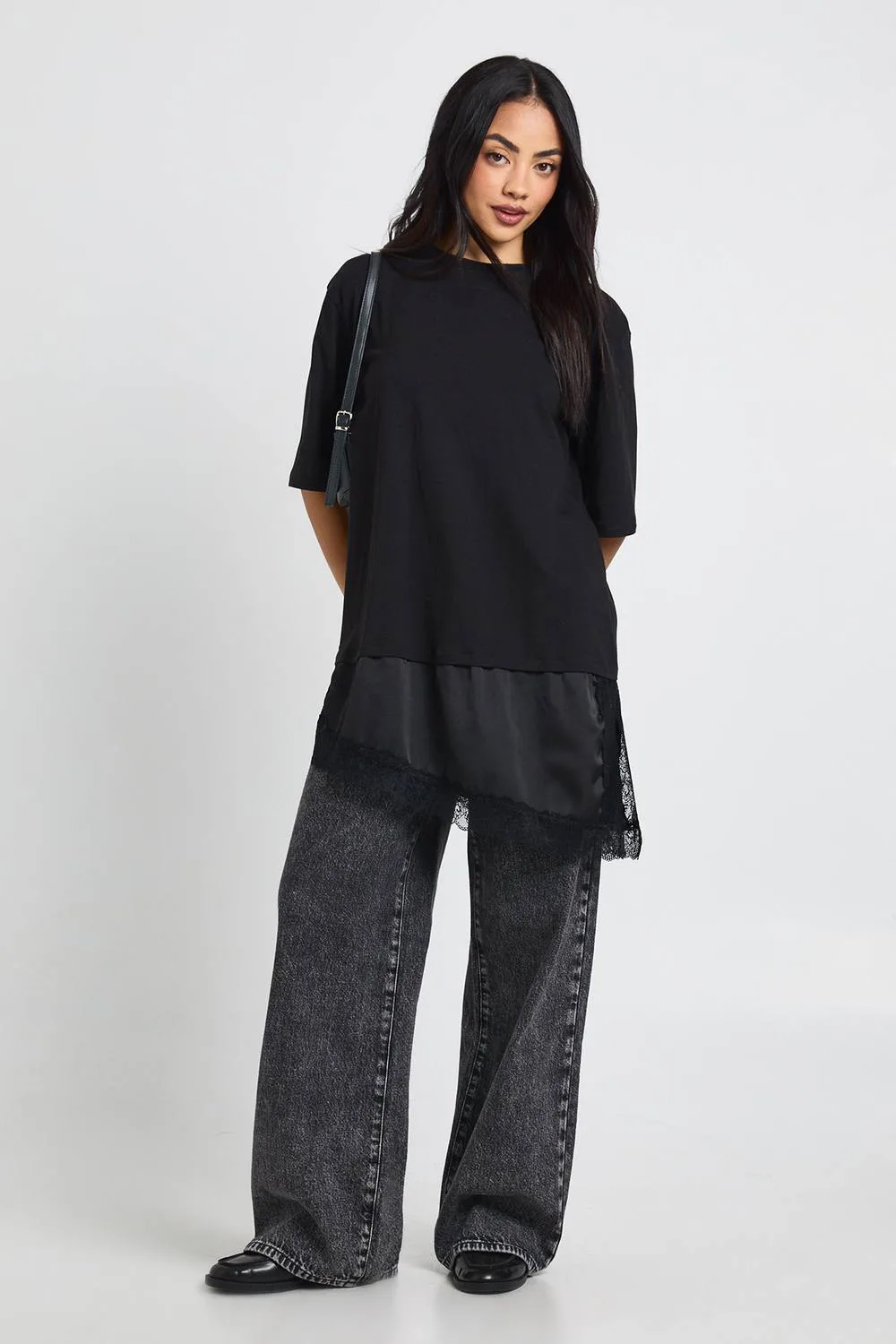 Contrast Lace Satin Underlayer T-Shirt by boohoo