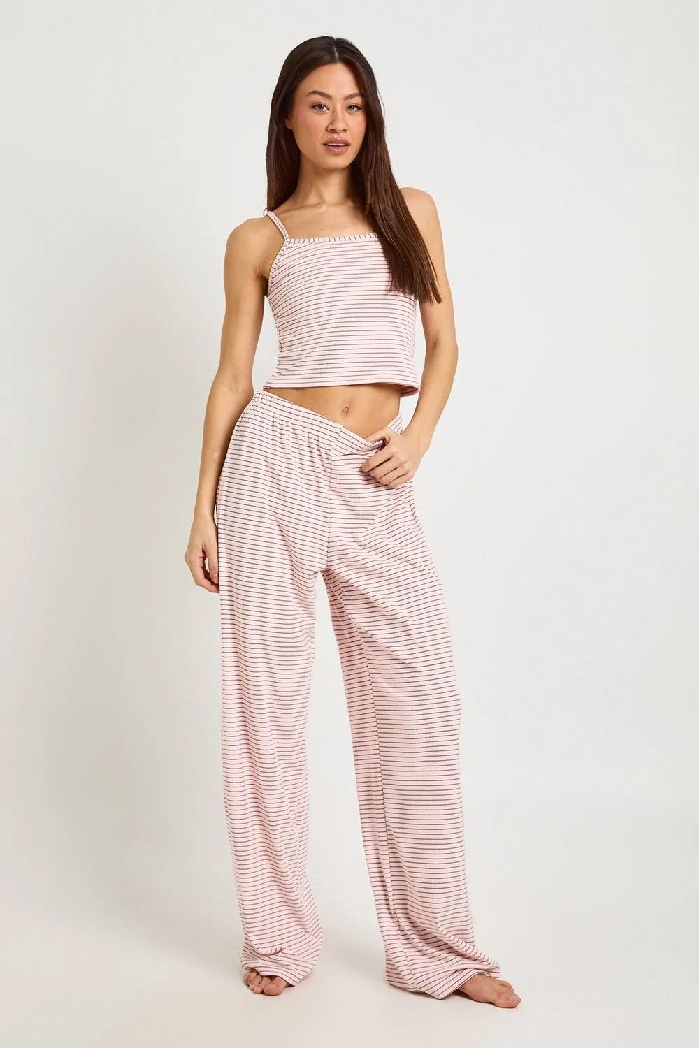 Soft Rib Stripe Cami & Trouser Pyjama Set by boohoo
