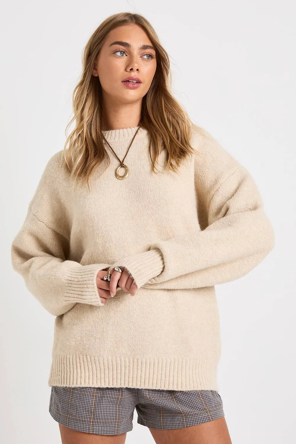 Super Soft Chunky Knit Crew Neck Oversized Jumper - Stone by boohoo