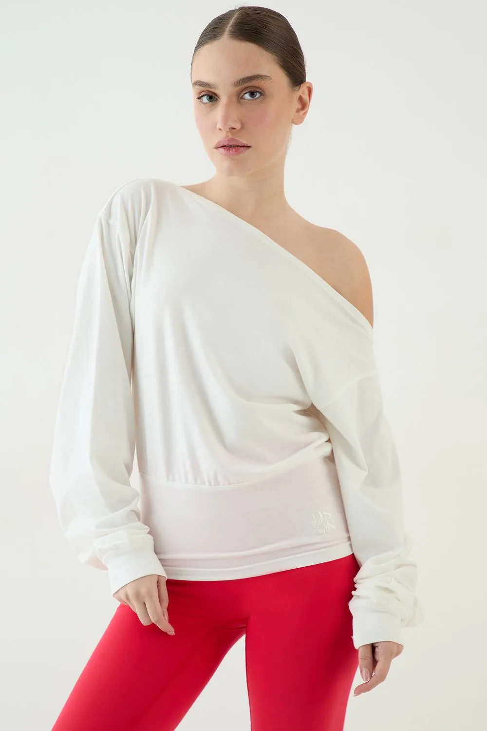Off the Shoulder Cinched Waist Long Sleeve Top by DSGN Studio