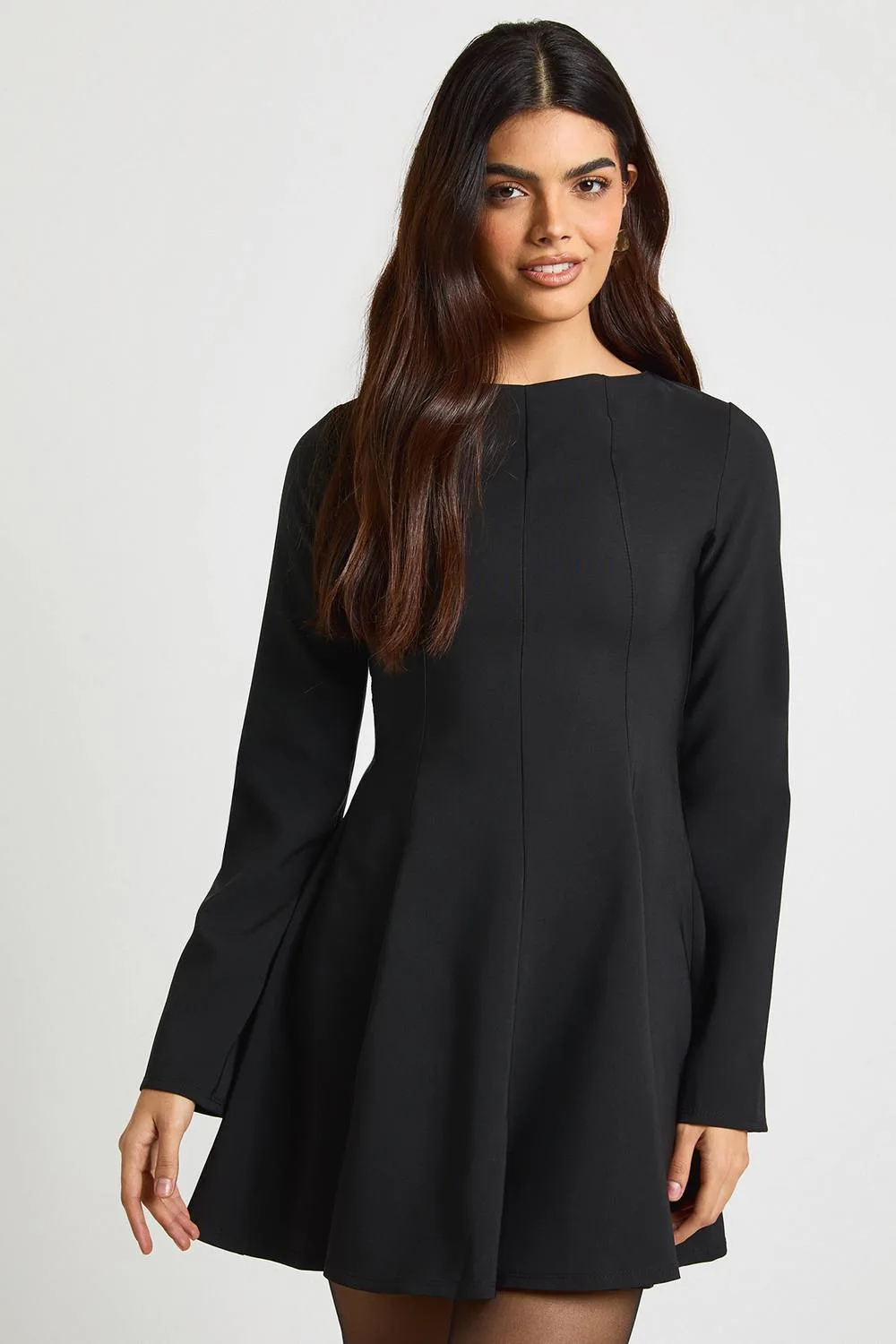 Seam Detail Long Sleeve Flared Hem Mini Dress