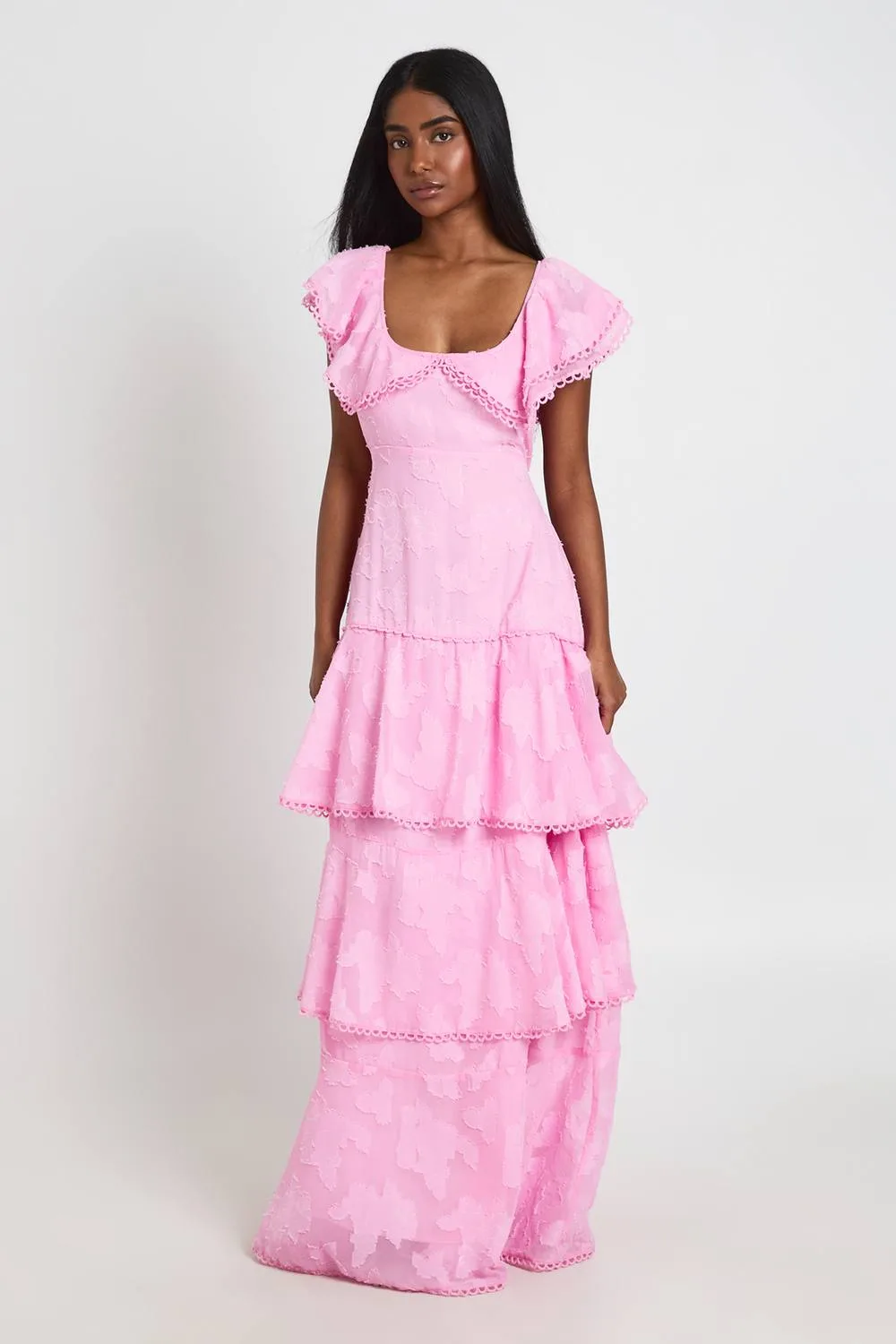Occasion Burnout Open Back Ruffle Detail Maxi Dress
