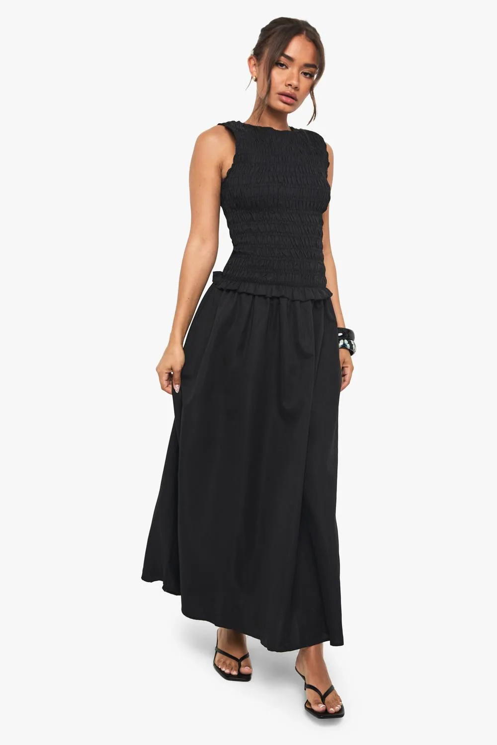Racer Neck Shirred Drop Waist Midaxi Dress by boohoo
