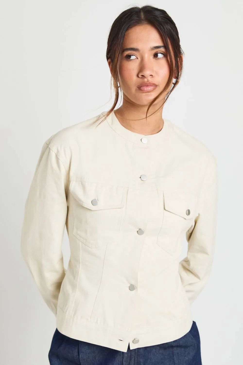 Cinched Twill Collarless Shirt by boohoo