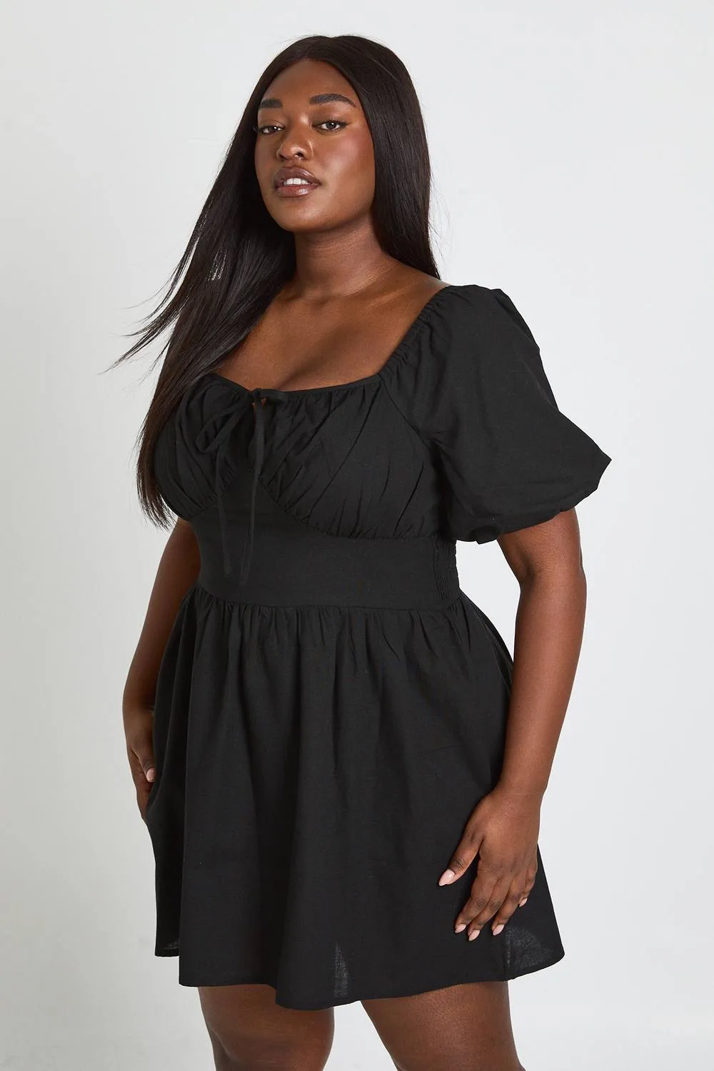 Linen Look Volume Sleeve Mini Dress by boohoo