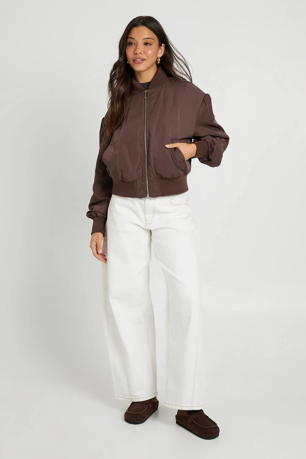 Satin Shoulder Pad Bomber Jacket by boohoo
