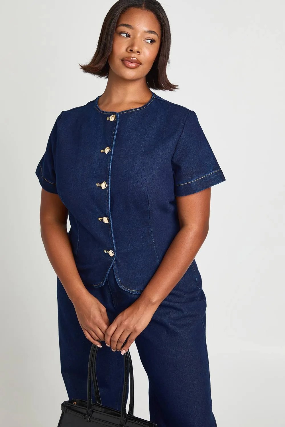 Gold Button Short Sleeve Denim Top by boohoo