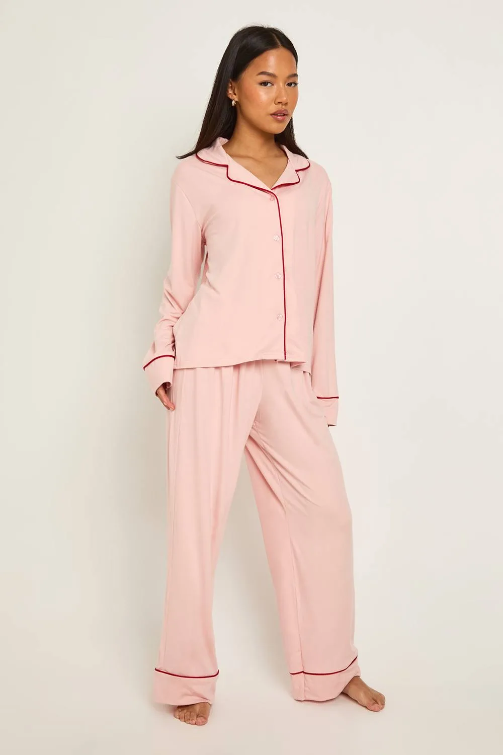 Piping Detail Long Sleeve Shirt & Trouser Pyjama Set