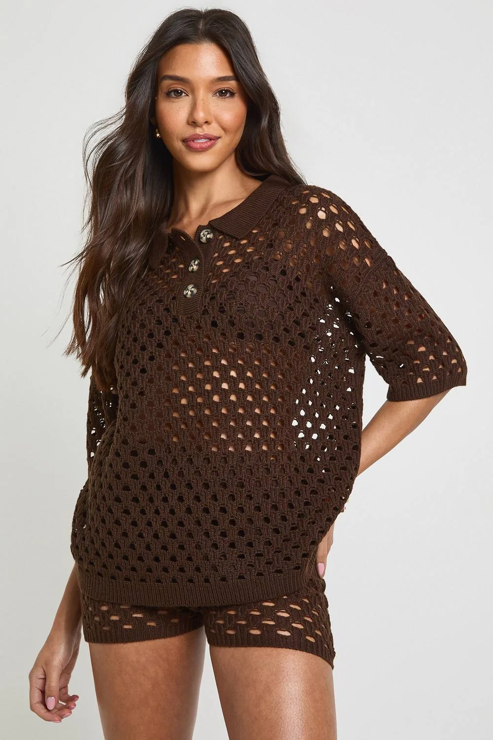 Crochet Oversized Knitted Beach Shirt & Short Set by boohoo