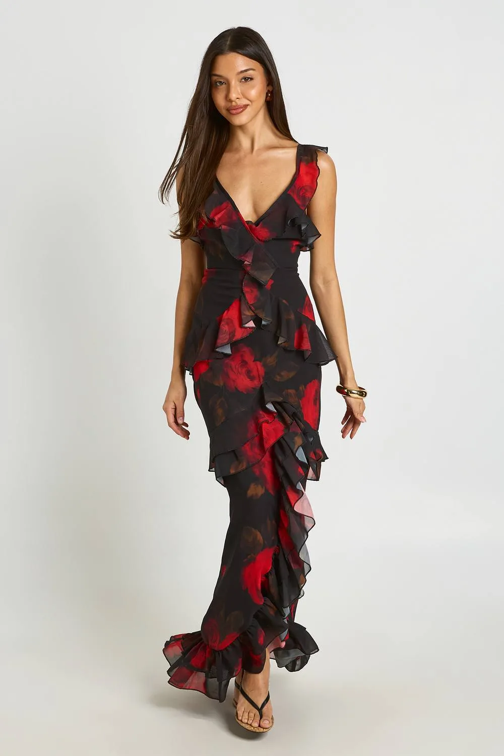 Floral Chiffon Layered Ruffle Detail Maxi Dress