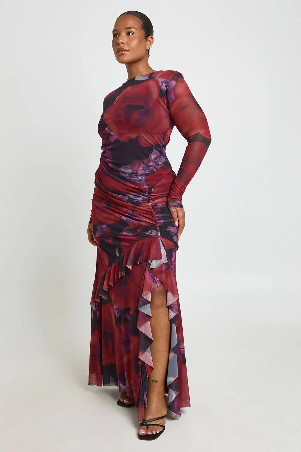 Floral Mesh Ruffle Ruched Maxi Dress by boohoo