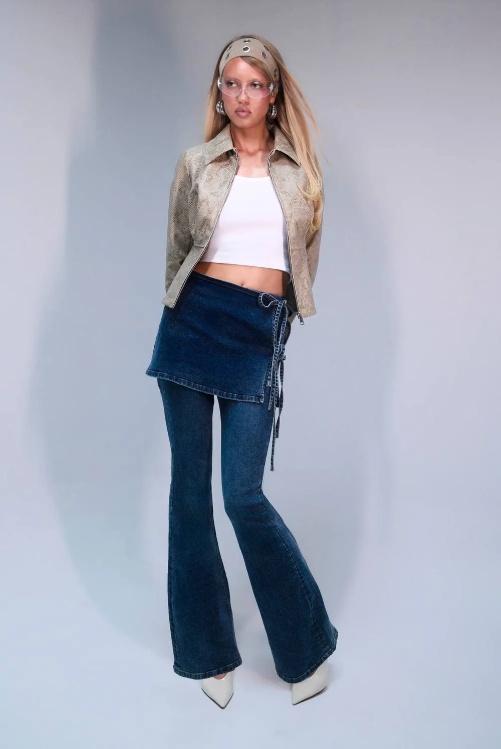 Mid Waist Skirt Over Flare Jeans by boohoo