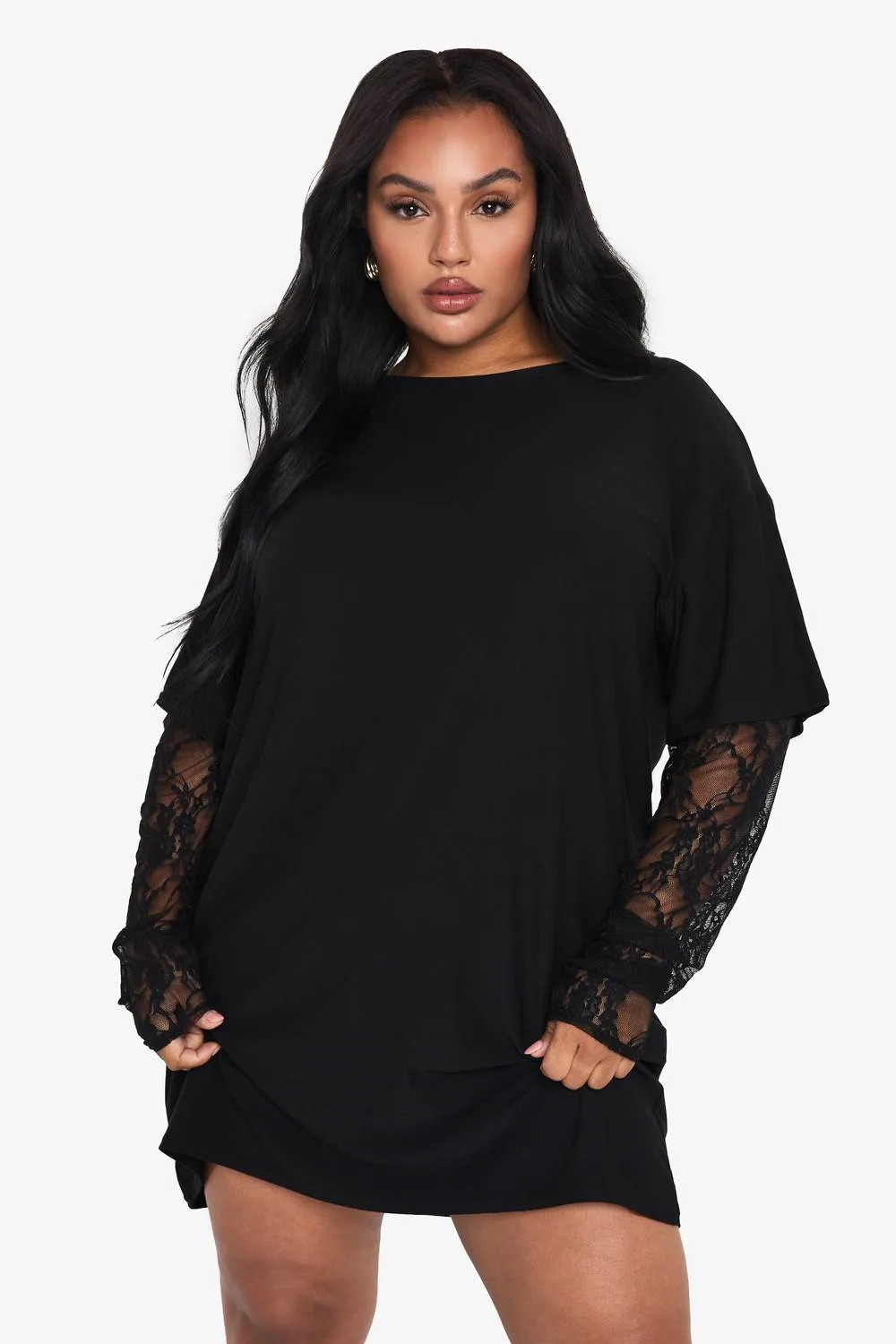 Lace Sleeve Oversized T-Shirt Dress