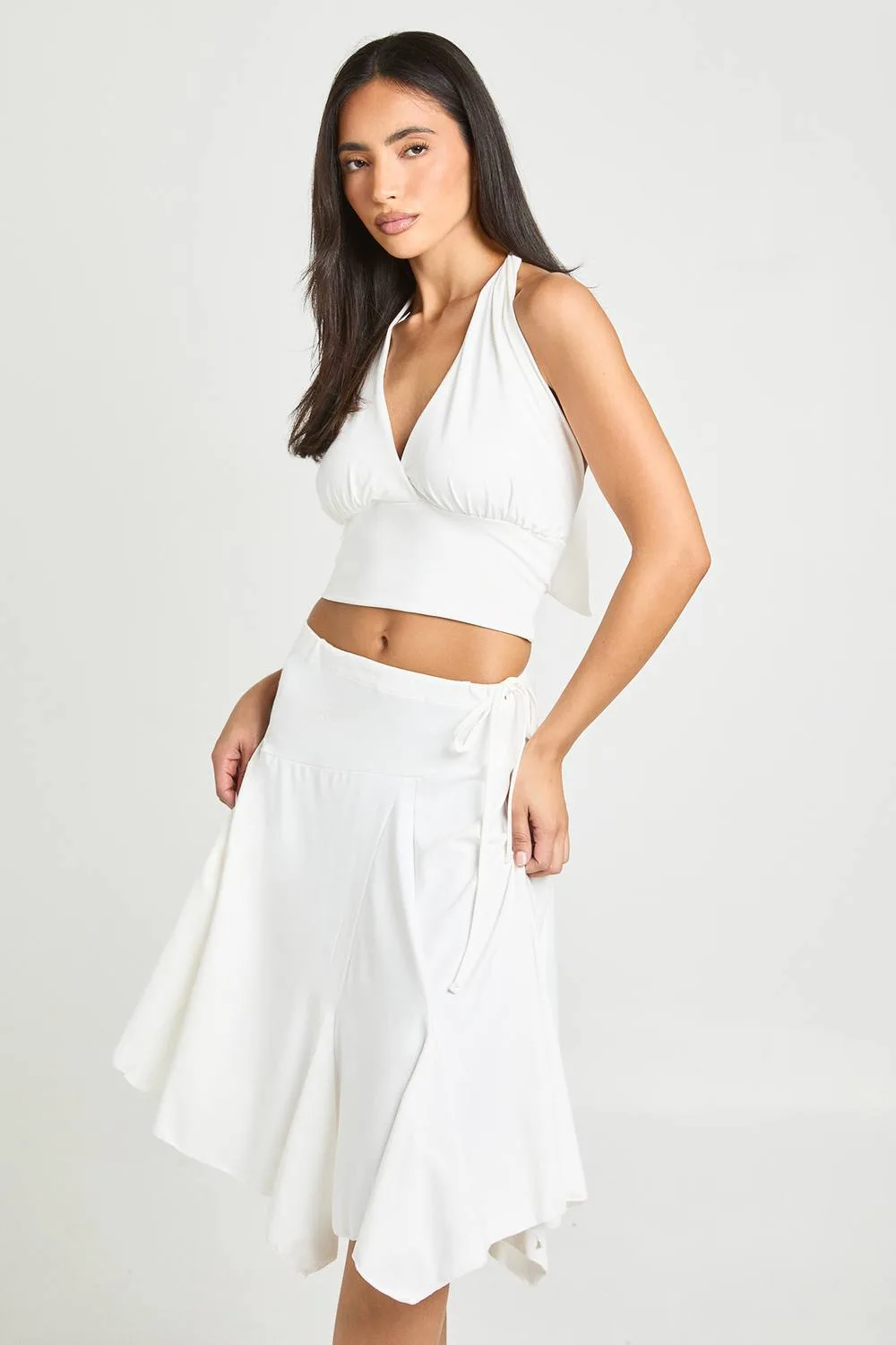 Seam Detail Tie Waist Hanky Hem Midi Skirt