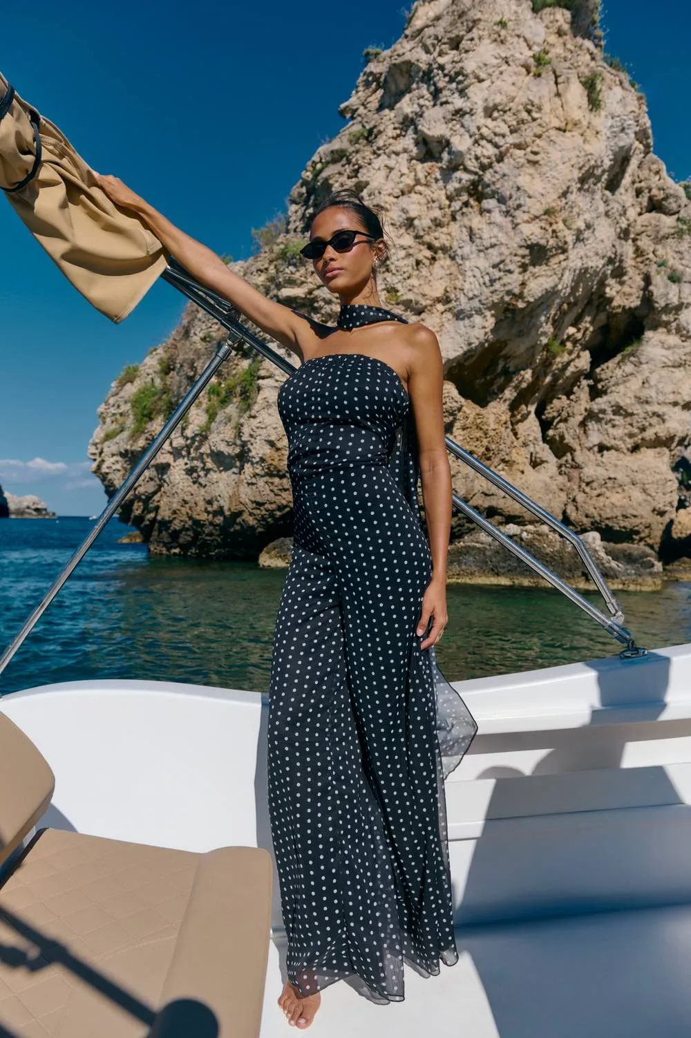 Mono Polka Dot Scarf Detail Wide Leg Jumpsuit by boohoo