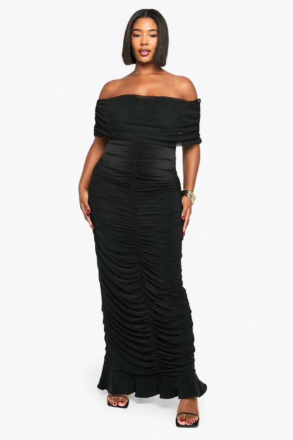 Mesh Bardot Ruched Maxi Dress by boohoo