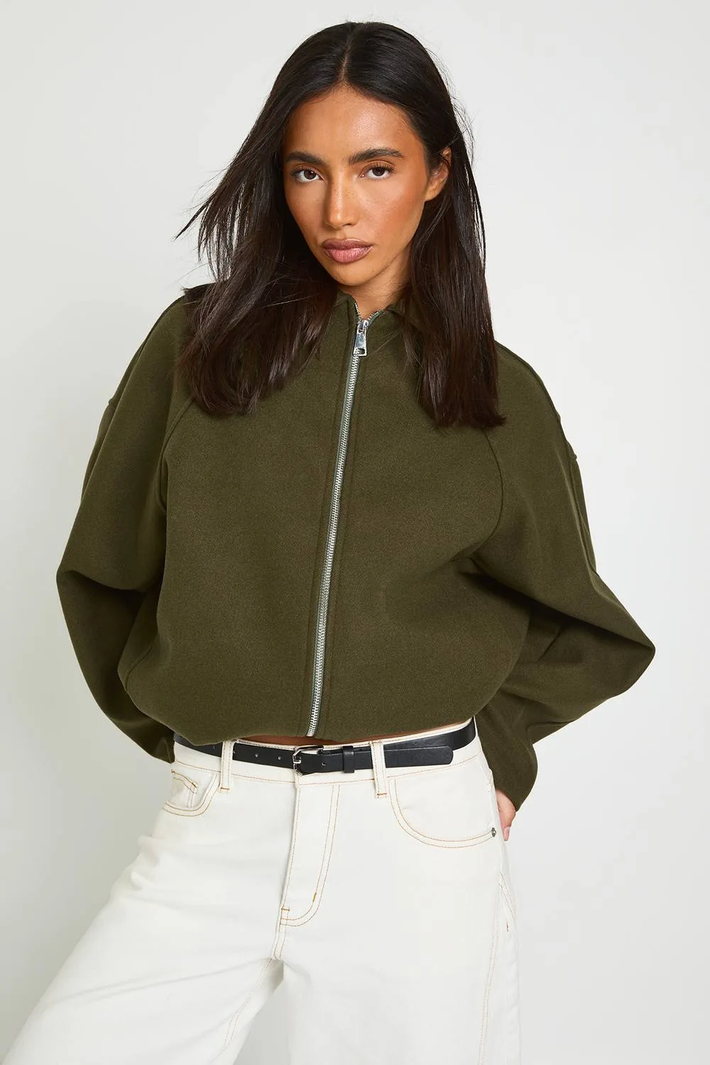 Funnel Neck Zip Through Wool Look Jacket