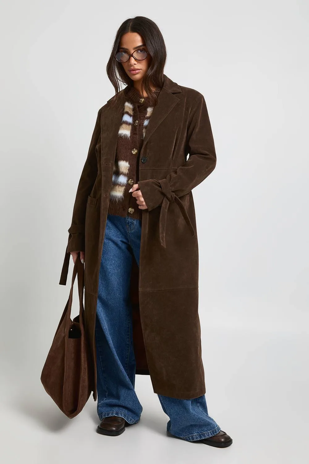 Faux Suede Cinched Longline Coat