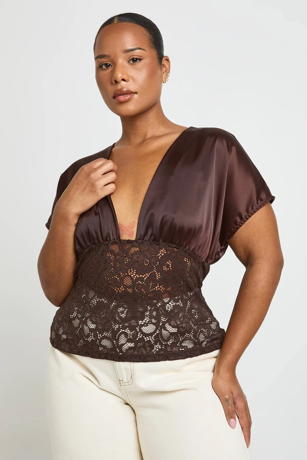 Satin Bust Lace Waist V Neck Top by boohoo