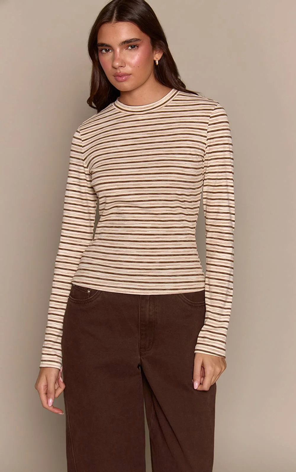 Soft Rib Striped Detail Fitted Long Sleeve Top