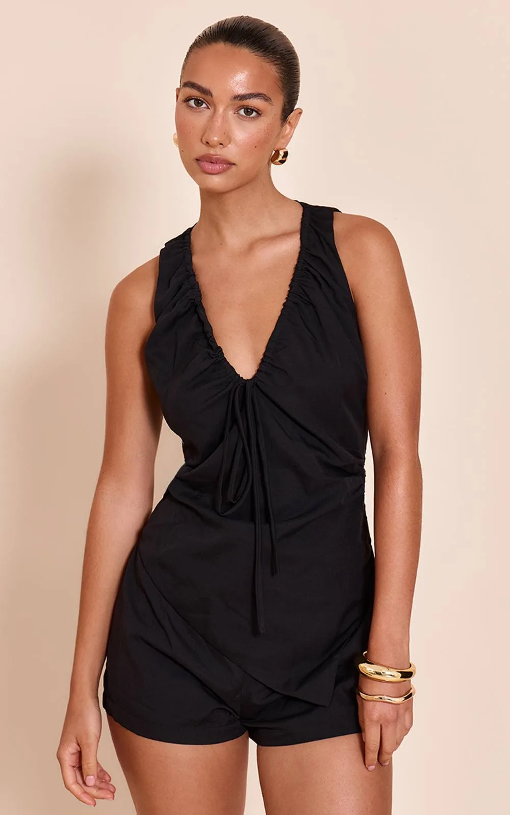 Woven Ruched Bow Detail Playsuit