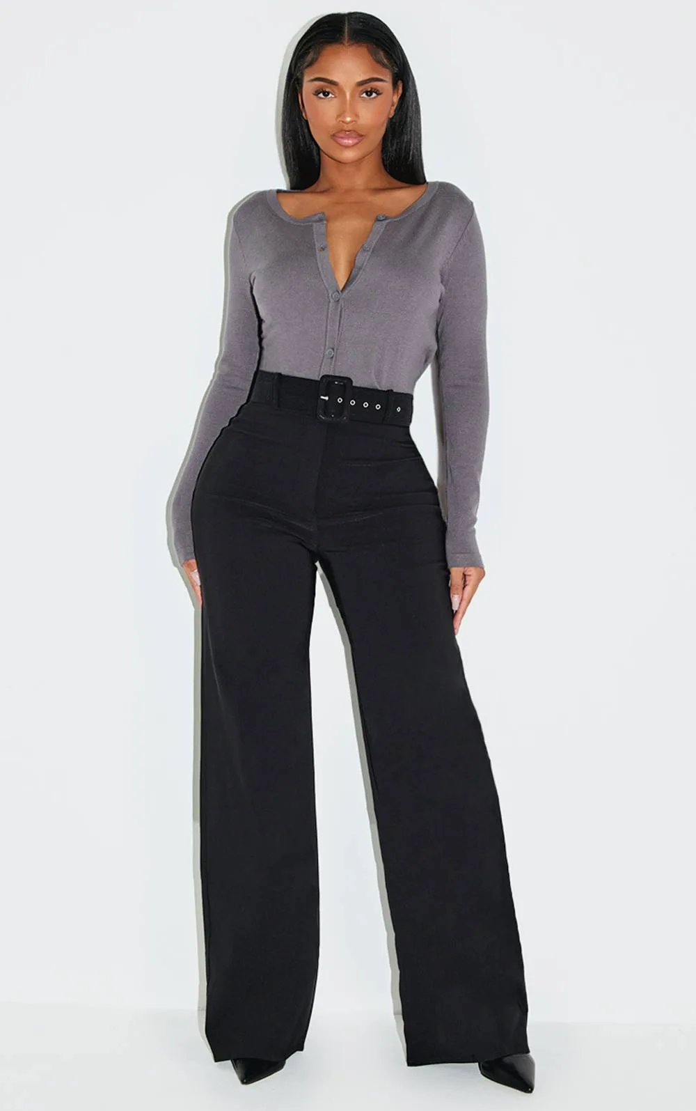 Stretch Woven High Waisted Belted Wide Leg Trousers by PrettyLittleThing