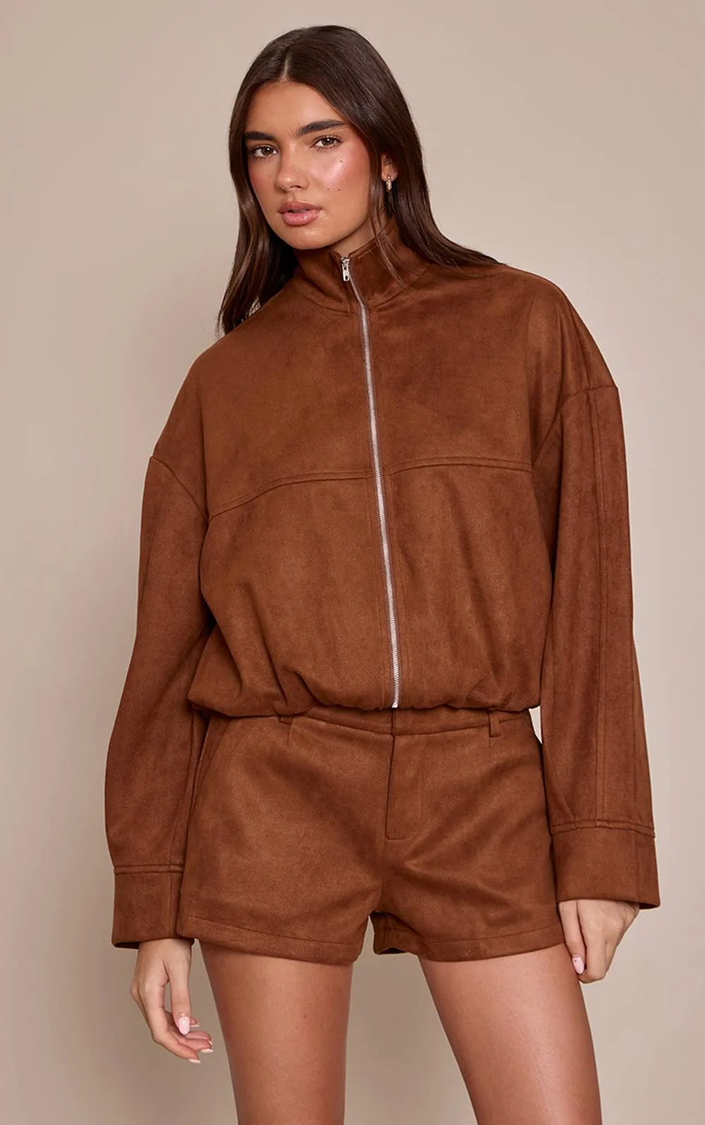 Faux Suede Funnel Neck Zip Up Jacket Co-Ord