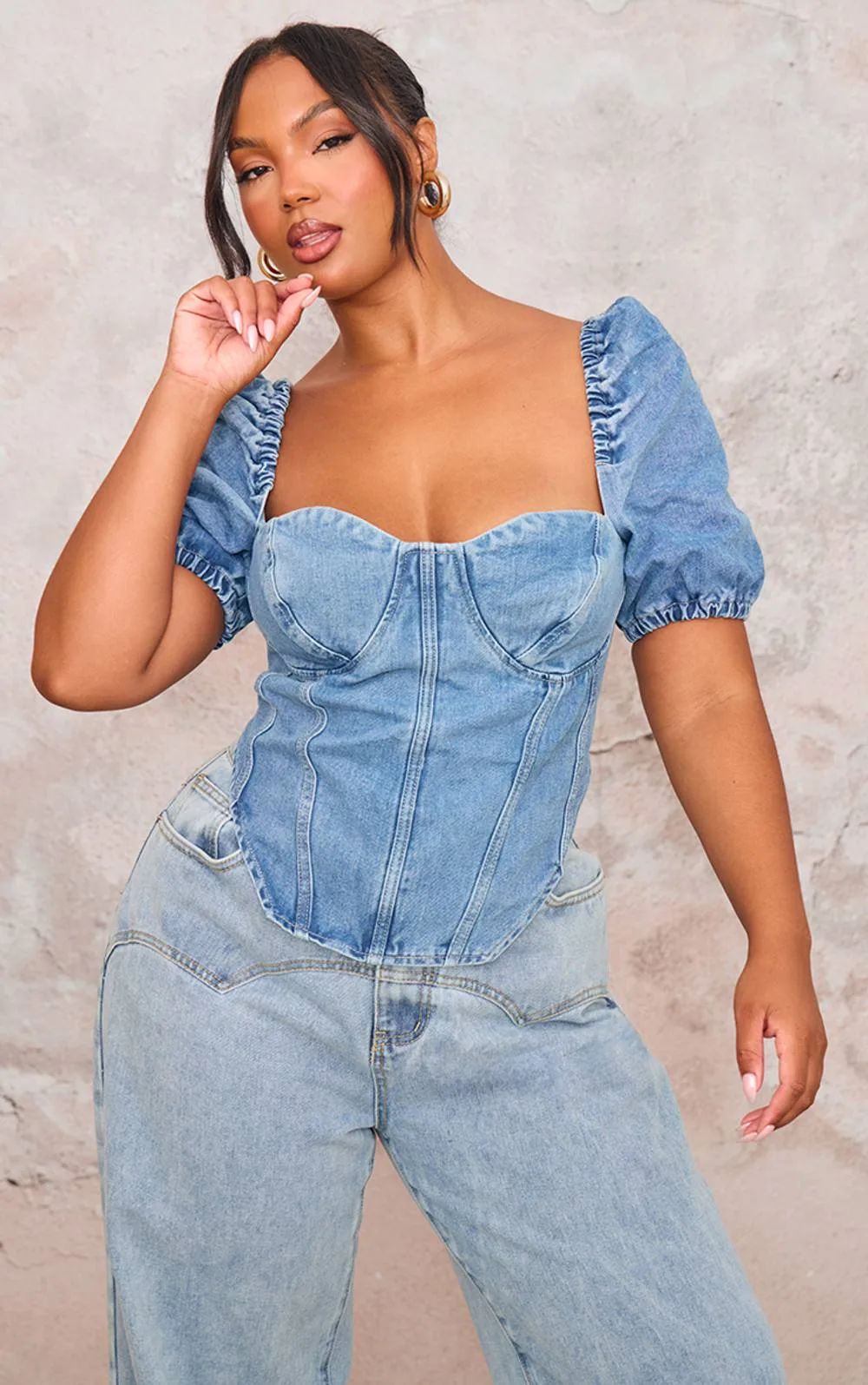Puff Sleeve Denim Corset Top by PrettyLittleThing