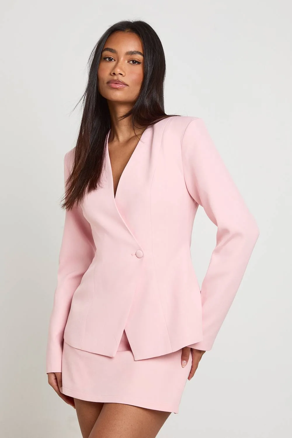 Collarless V Neck Wrap Blazer by boohoo