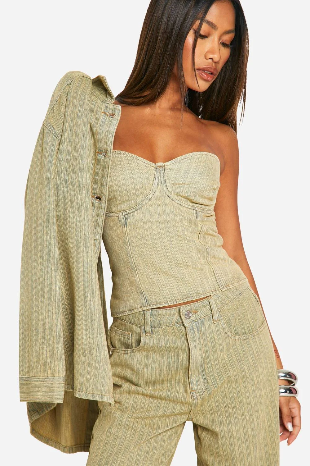 Tinted Wash Denim Corset Top by boohoo