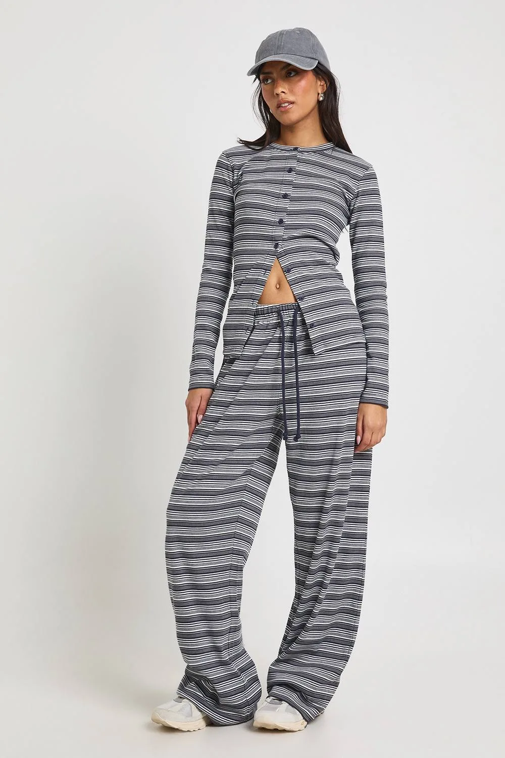 Stripe Rib Button Through Long Sleeve Top & Trouser Co Ord by boohoo
