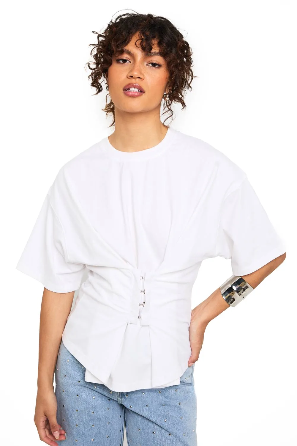 Hook & Eye Corseted Waist T-Shirt by boohoo