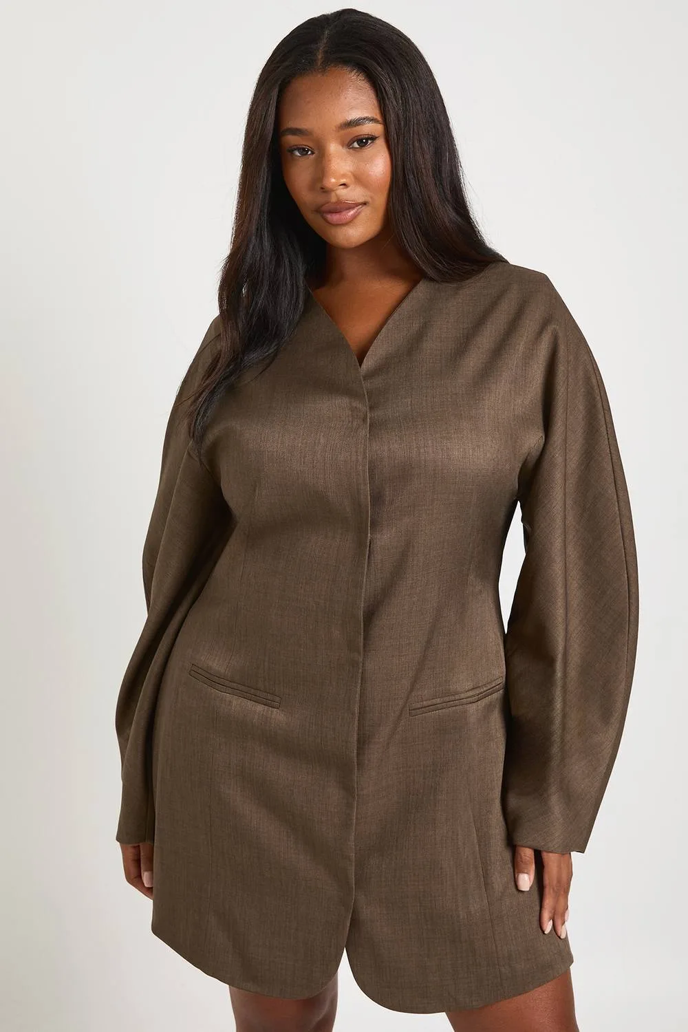Collarless Cinched Waist Blazer Dress