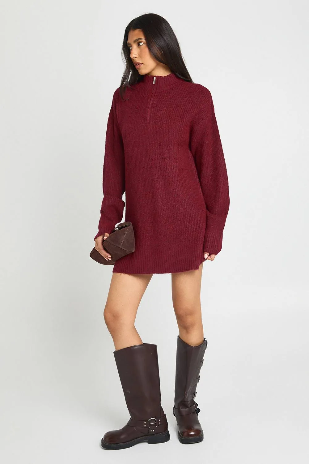 Soft Knit Oversized Knitted Zip Neck Jumper Dress by boohoo