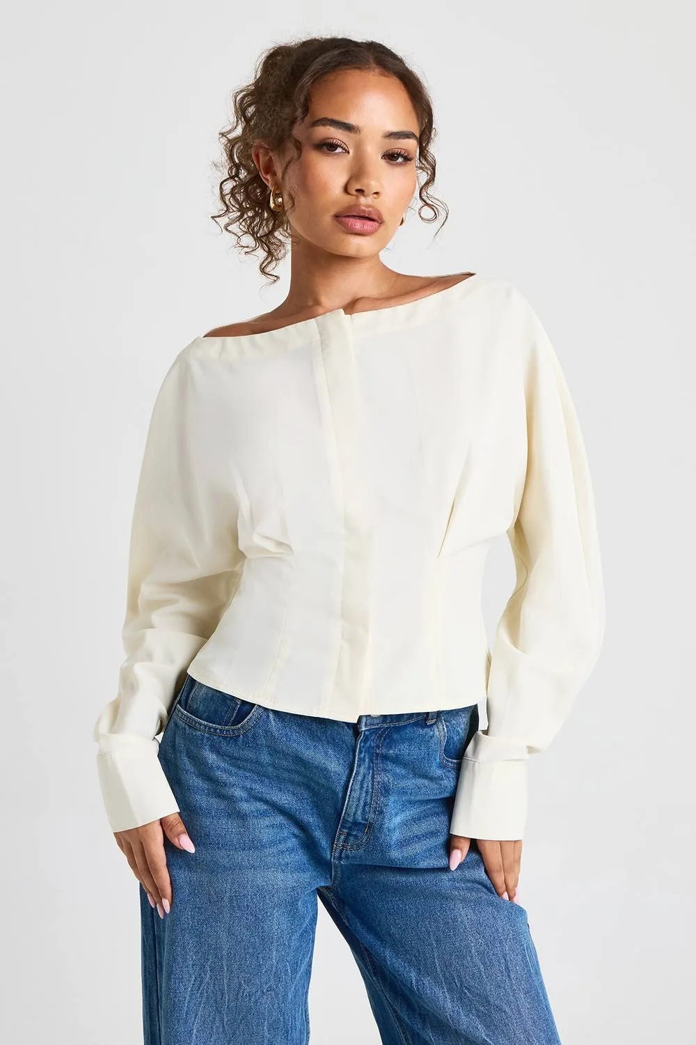 Slash Neck Pleat Waist Blouse by boohoo