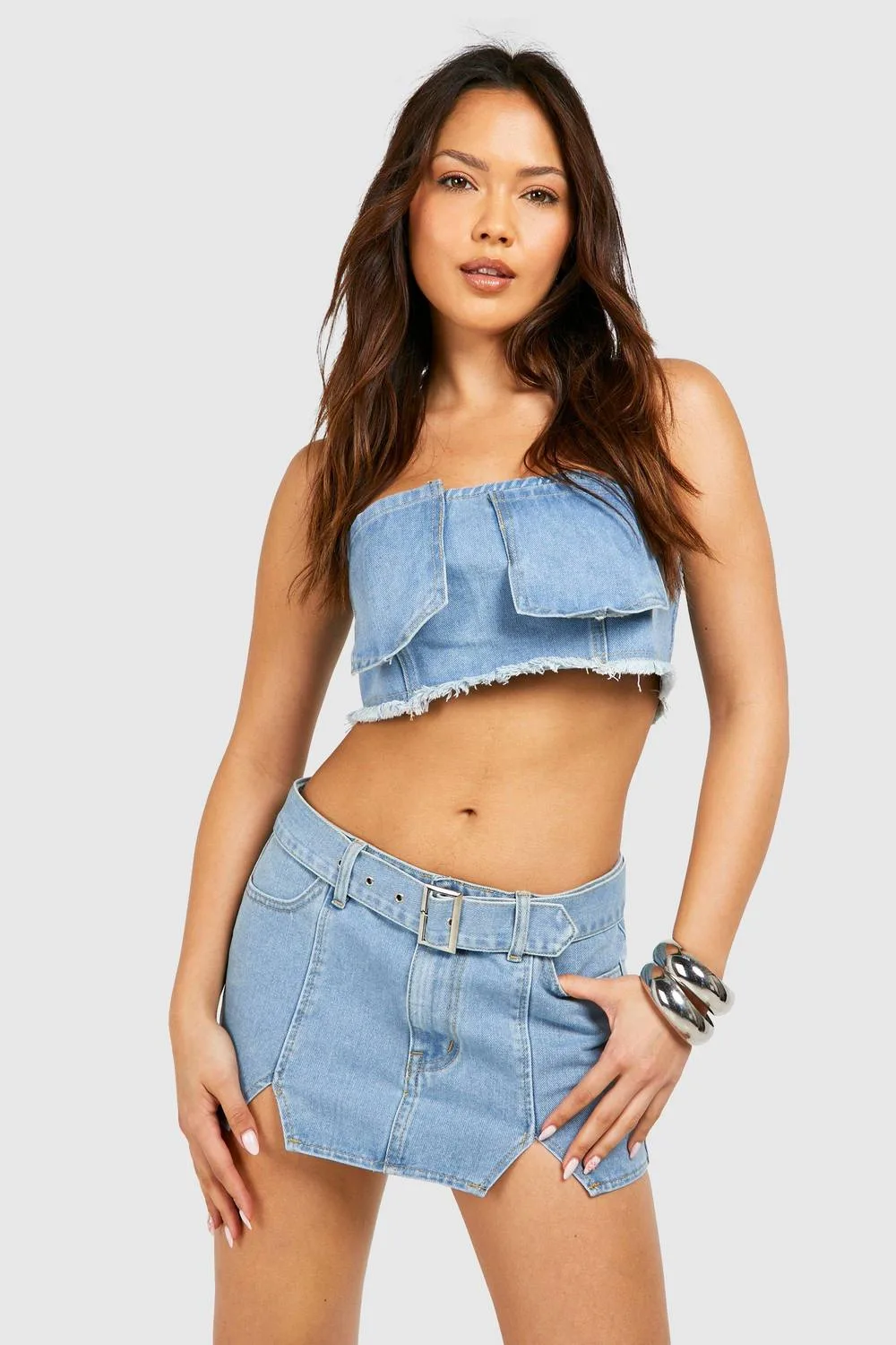 Notch Detail Buckle Belt Denim Micro Mini Skirt by boohoo