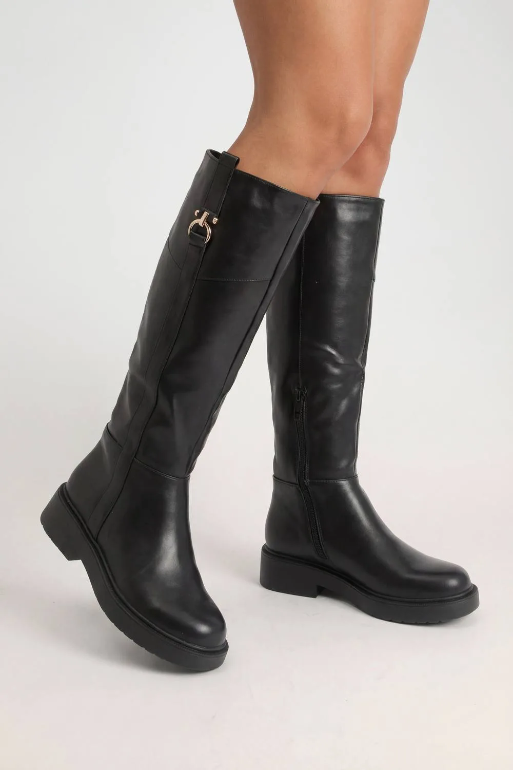 Hardware Buckle Detail Knee High Boots by boohoo