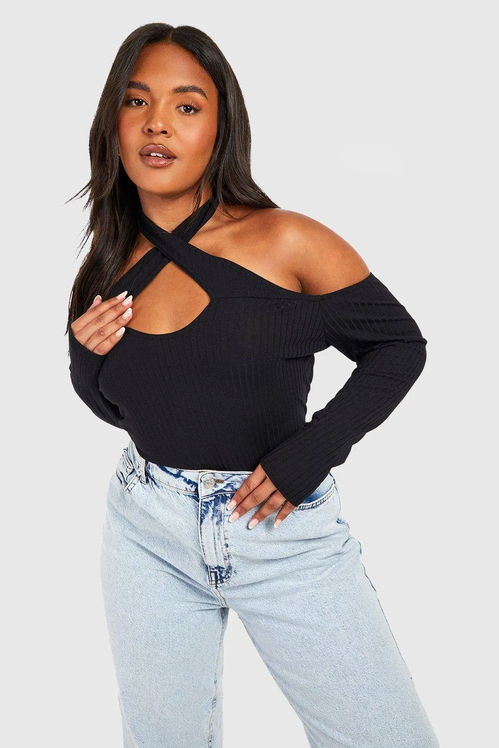 Cross Over Cold Shoulder Rib Top by boohoo